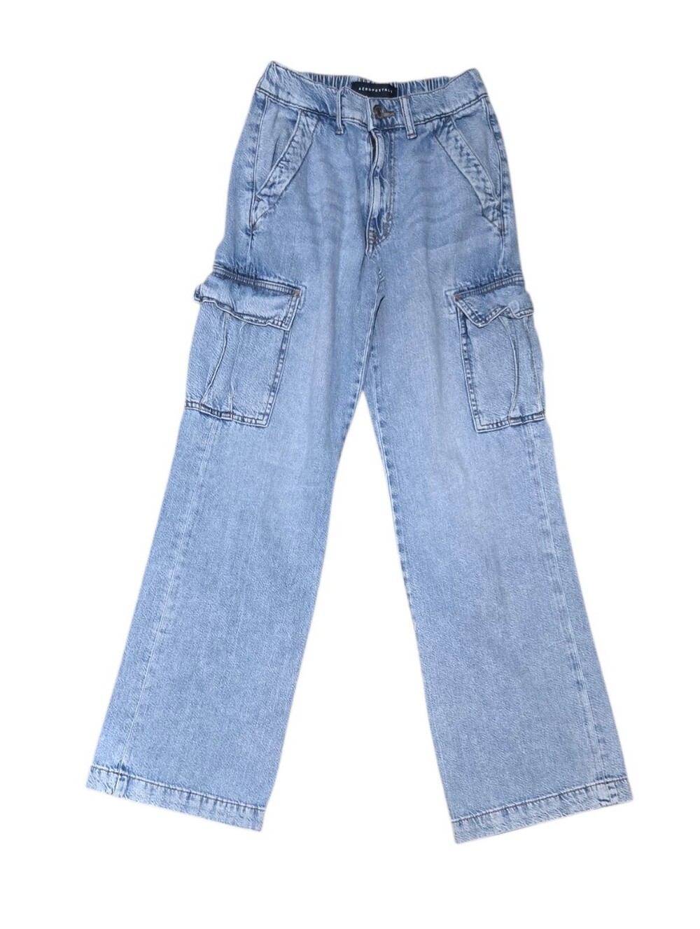 Aeropostale Blue Denim Cargo Wide Leg Jeans Utility Size XS Skate Grunge Baggy